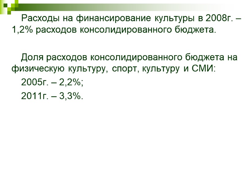 Расходы на финансирование культуры в 2008г. – 1,2% расходов консолидированного бюджета.  Доля расходов